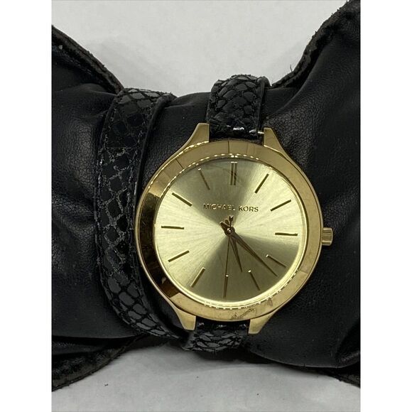 Michael Kors MK2315 Women Black Leather Analog Champagne Dial Quartz Watch XR514 - Picture 1 of 12